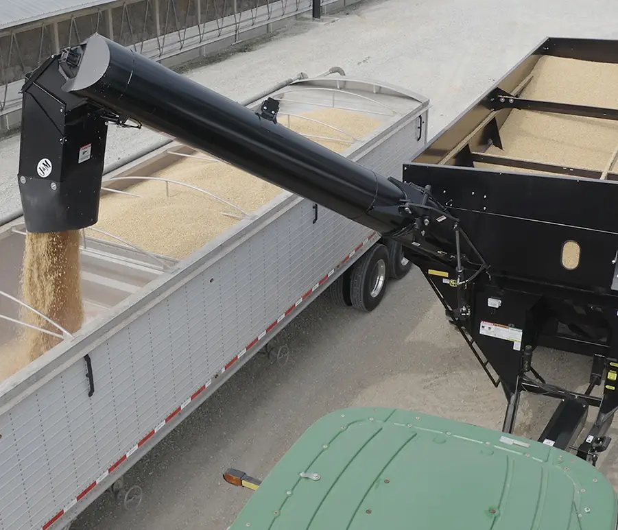 Right Side Auger Grain Cart Unloading into Semi, View from Above