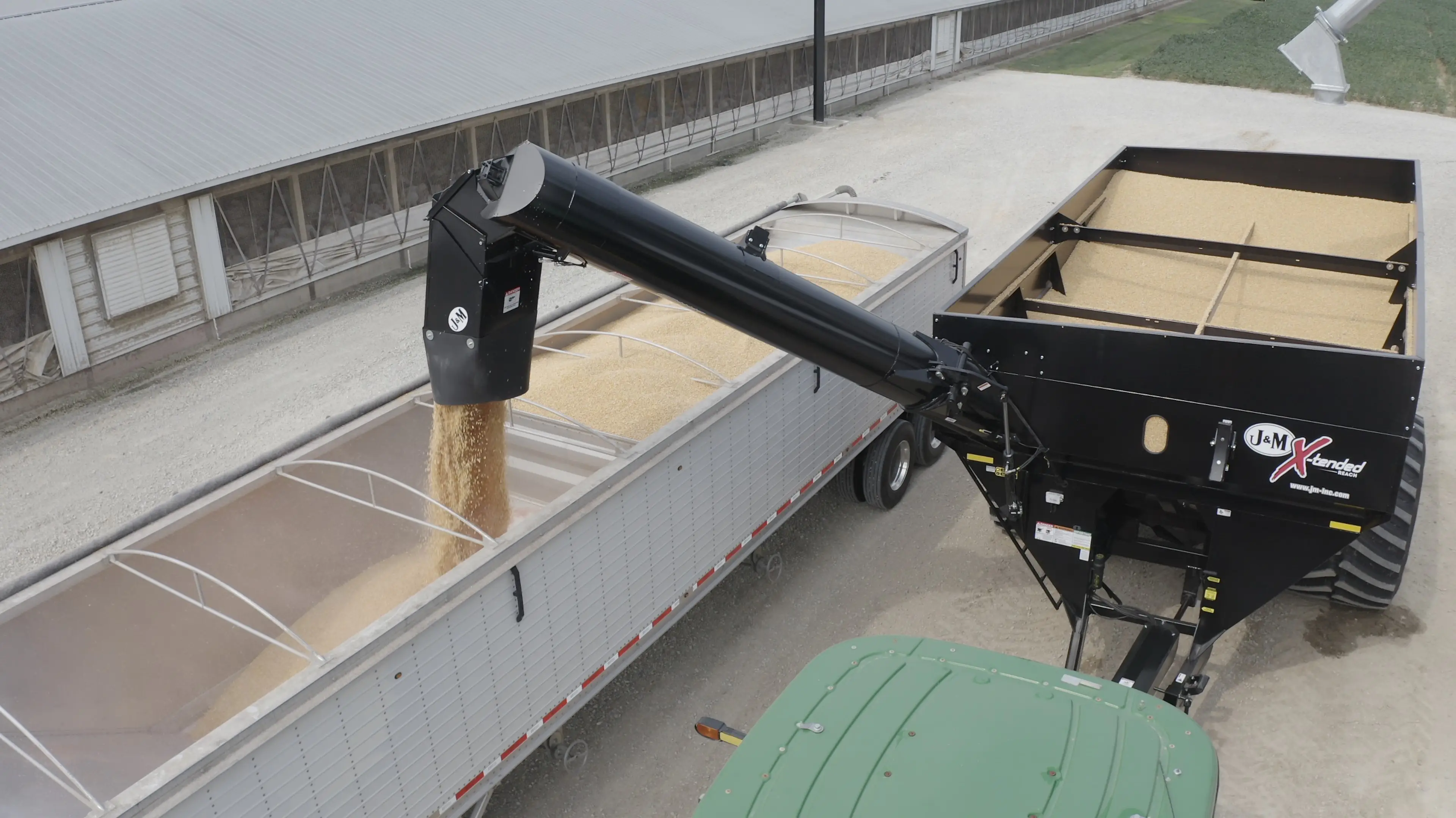 Right Side Auger Grain Cart Unloading into Semi, View from Above