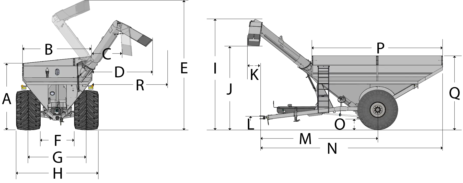 dual auger grain cart front and side dimension image