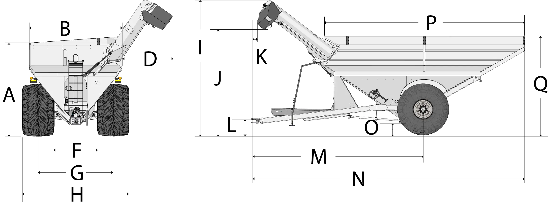 dual auger grain cart front and side dimension image