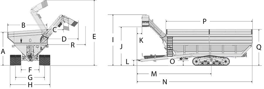 Dual Auger Grain Cart Dimensions image showing front and side views with dimension lines