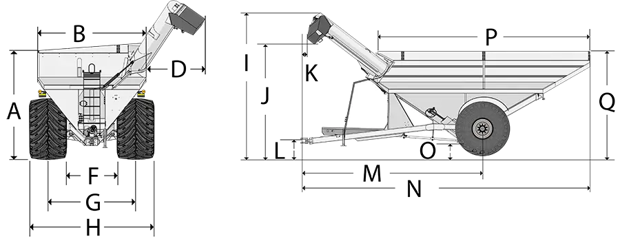 Single Auger classic Grain Cart Dimensions image showing front and side views with dimension lines