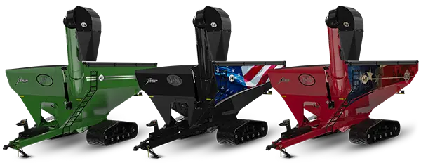 line up of three grain carts each with a different decal package