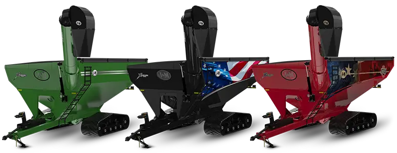 line up of three grain carts each with a different decal package