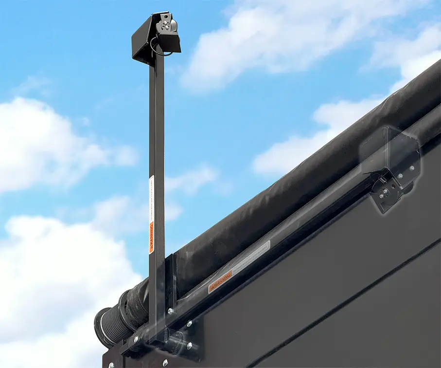 A cut-out image of a 2014 right hand unload red grain cart