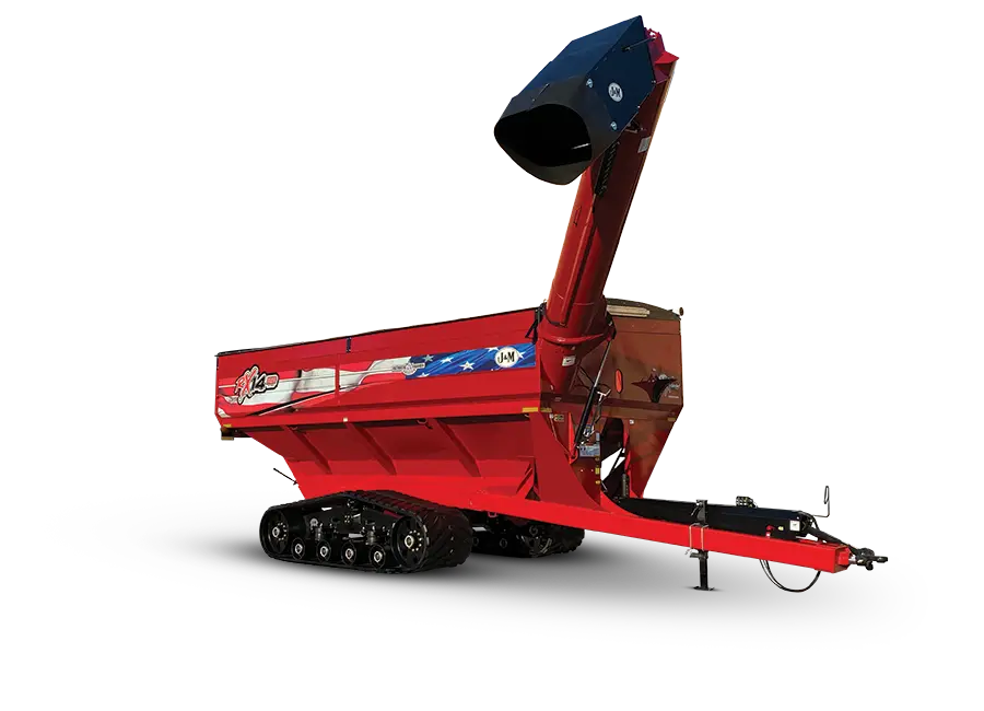 A cut-out image of a 2014 right hand unload red grain cart