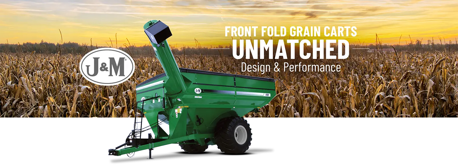 1151 green grain cart in front of a corn field with a j and m logo in the sky above the grain cart