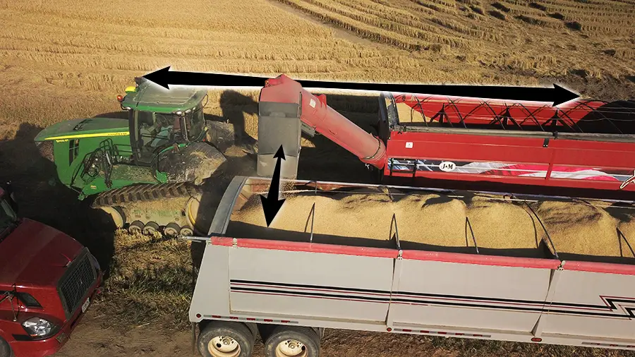 a side view of a red grain cart unloading into a semi-trailer showing the spout perpendicular to the trailer for ideal grain placement