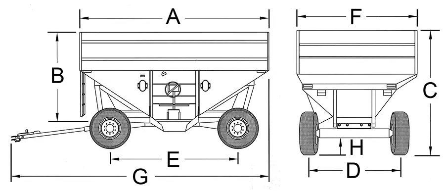dimensions diagram of the 385 gravity wagon with labeled dimensions