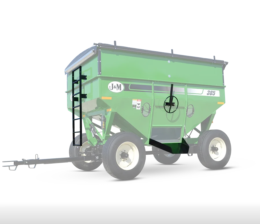 an image highlighting the standard features of the gravity wagon, including a ladder, chute, and door wheel.