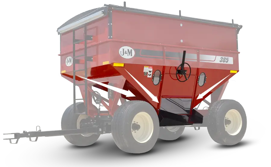 a cutout image of the 385 gravity wagon highlighting the steep slopes of the wagon for excellent cleanout