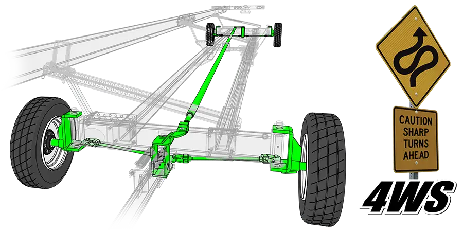 a cutout of a 4ws header transport showing the 4-wheel steer components.