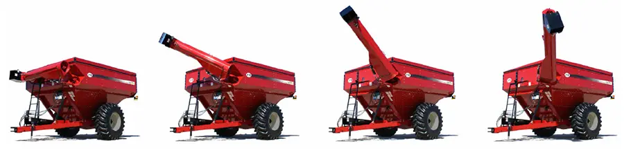 several grain carts showing the stages of folding an auger.