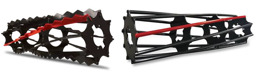 An image of the a basket with serrated bars and a basket with round bars, showing the difference of each basket design.