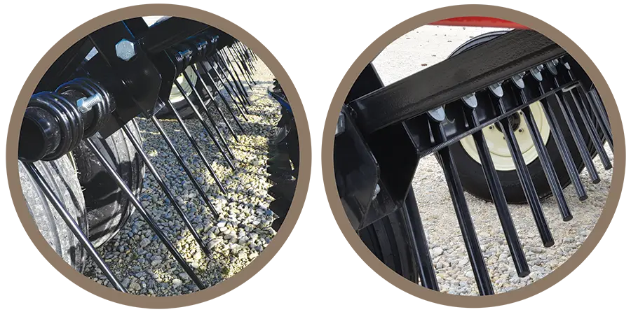 close up of coil tines and straight bar on a soil conditioner.