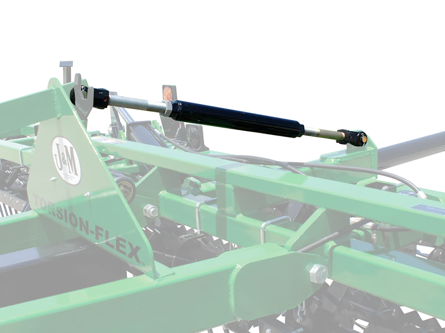image highlighting the turnbuckle that connects the a-frame to the center section of a 3-section soil conditioner.