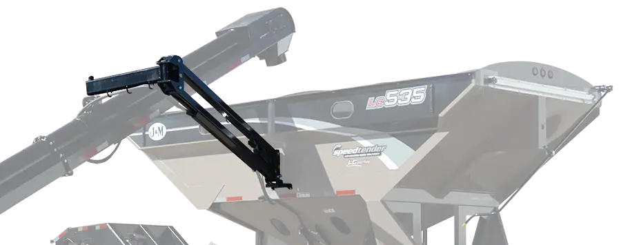 a cutout section of the seed tender showing the patented support arm design that supports the conveyor from above the tank