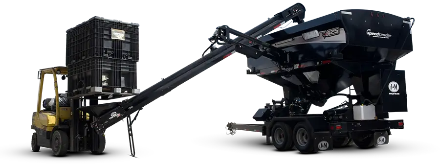 an image of the seedtender in self fill mode with a forklift and box lifted over the conveyor