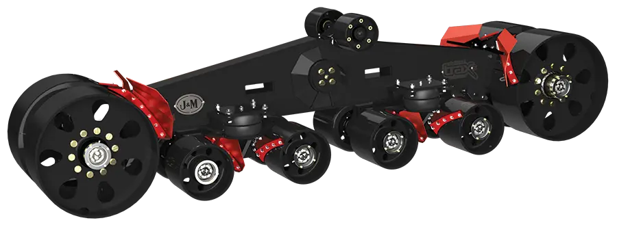 Mud scraper attached to a track system to help prevent mud buildup on the tracks.